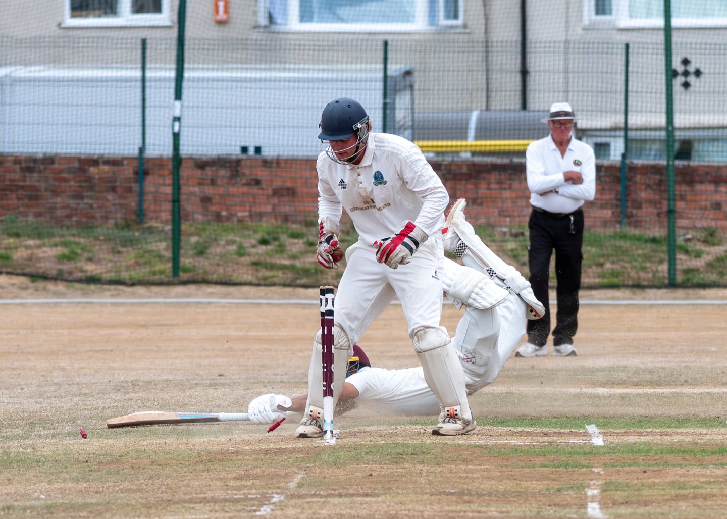 A cricket batter playing the ball beside the stumps.